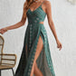 Robe Longue Femme Imprimée à Fines Bretelles et Fente Latérale