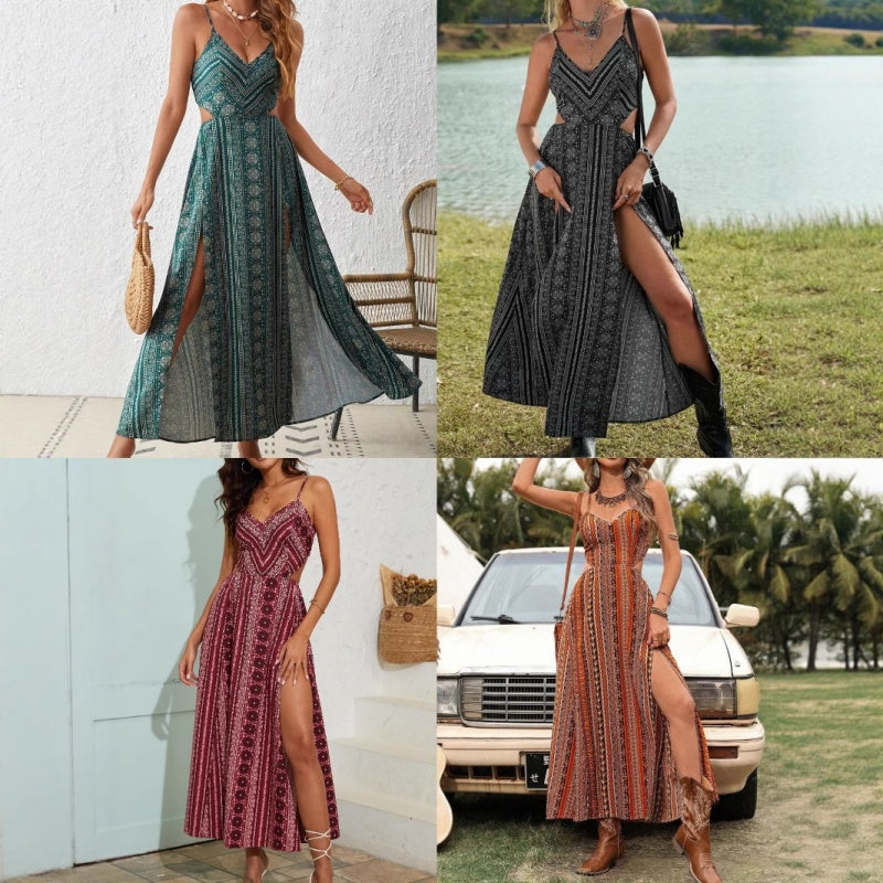 Robe Longue Femme Imprimée à Fines Bretelles et Fente Latérale
