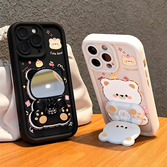 Coque de Téléphone Ours Mignon avec Support Pliable et Miroir pour Série iPhone