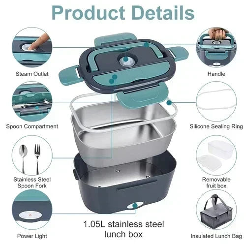 🍱 50% DE RÉDUCTION ! ⚡ Ensemble Boîte à Lunch 2-en-1 – Acier Inoxydable & Plastique – 60W Double Tension & 1,5L for Repas Chauds