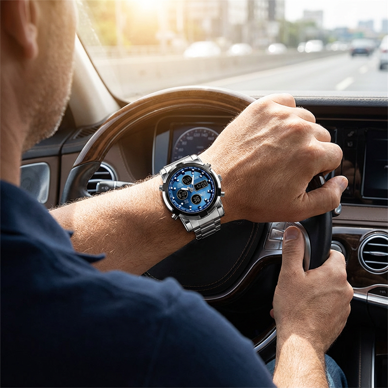 📢📢50% DE RÉDUCTION !! ⏰ Montre Analogique-Numérique Militaire habillée pour Hommes – 48mm, Multifonction & Bracelet en Acier Inoxydable ! 🕰️💪