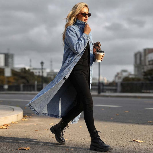 📢📢50 % de réduction !!⏰LIVRAISON GRATUITE⏰Manteau long en denim boutonné pour femme
