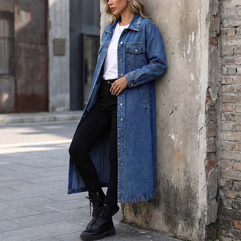 📢📢50 % de réduction !!⏰LIVRAISON GRATUITE⏰Manteau long en denim boutonné pour femme