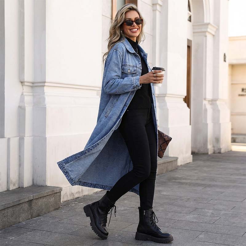 📢📢50 % de réduction !!⏰LIVRAISON GRATUITE⏰Manteau long en denim boutonné pour femme