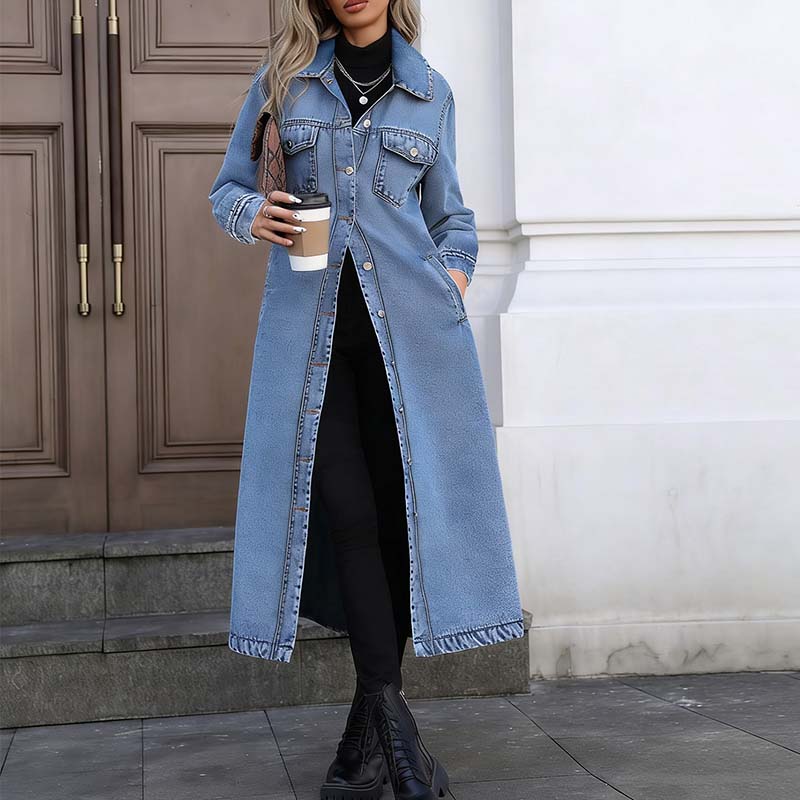 📢📢50 % de réduction !!⏰LIVRAISON GRATUITE⏰Manteau long en denim boutonné pour femme
