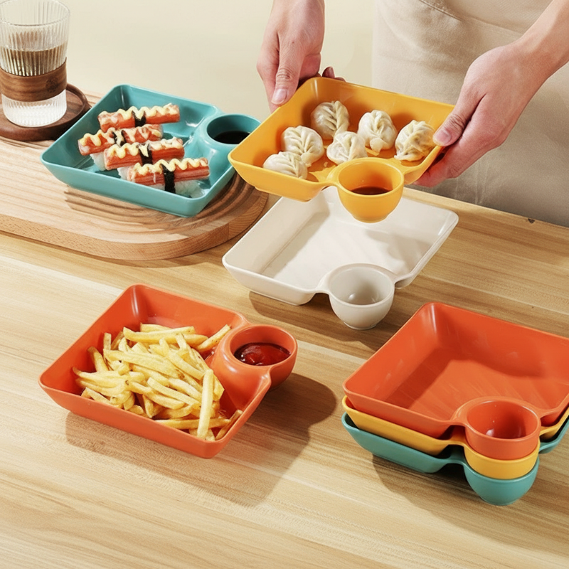 💎 ACHETEZ 2, OFFERT 1 ! 💎 Assiette à Snacks avec Compartiment Sauce Intégré – Anti-Dérapant, Sans BPA & Facile à Nettoyer 🥄🍽️