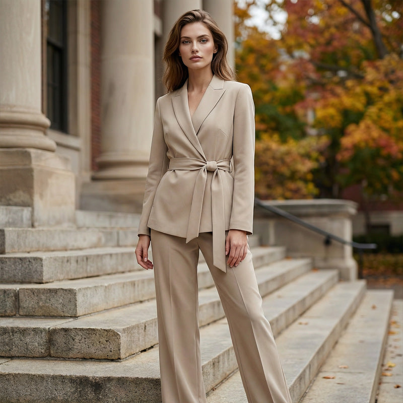 👔 51% DE RÉDUCTION! ✨ Ensemble Blazer & Pantalon Jambes Larges Femme – Ceinture Nœud, Coupe Flatteuse & Style Polyvalent 💃