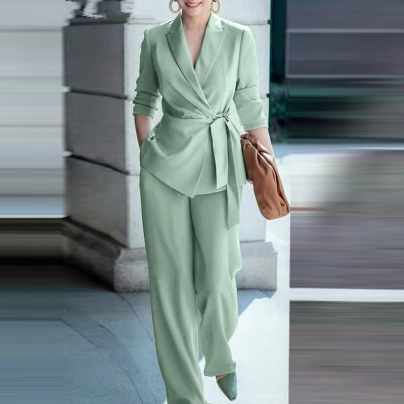 👔 51% DE RÉDUCTION! ✨ Ensemble Blazer & Pantalon Jambes Larges Femme – Ceinture Nœud, Coupe Flatteuse & Style Polyvalent 💃