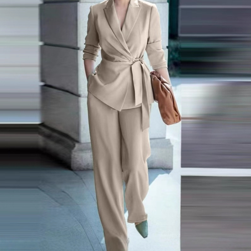 👔 51% DE RÉDUCTION! ✨ Ensemble Blazer & Pantalon Jambes Larges Femme – Ceinture Nœud, Coupe Flatteuse & Style Polyvalent 💃