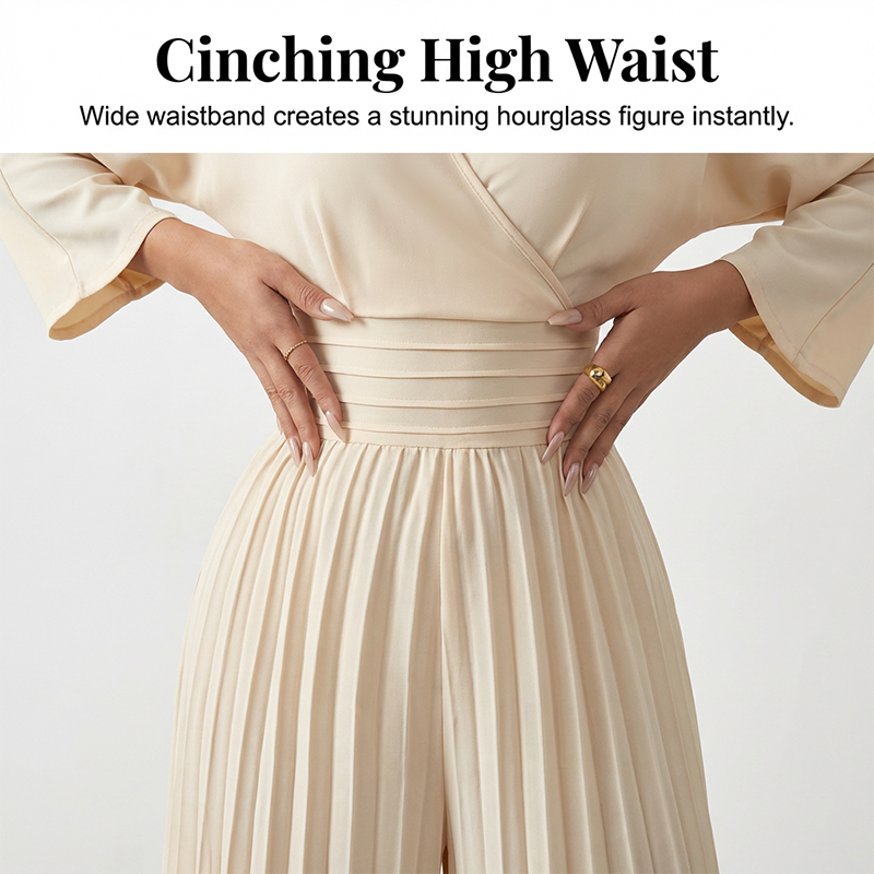 Combinaison élégante à col en V plissé et jambes larges – Chic, confortable et parfaite pour toutes les occasions