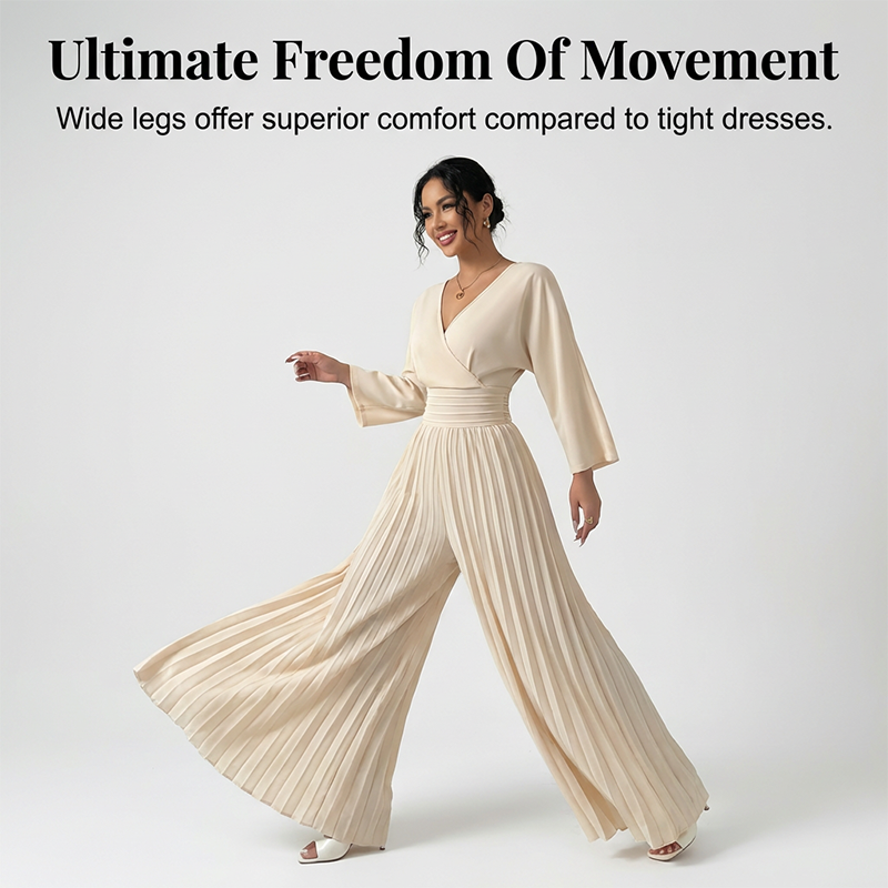 Combinaison élégante à col en V plissé et jambes larges – Chic, confortable et parfaite pour toutes les occasions