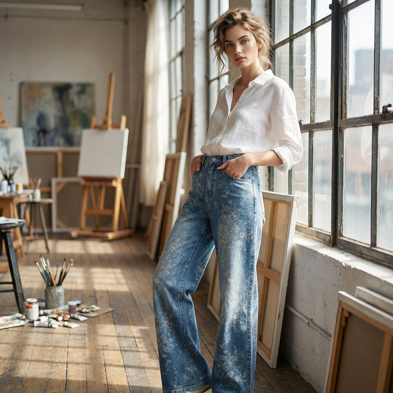 Pantalon en jean à jambes larges et motif jacquard floral pour femm