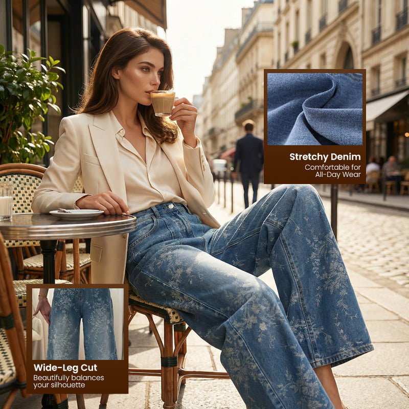 Pantalon en jean à jambes larges et motif jacquard floral pour femm