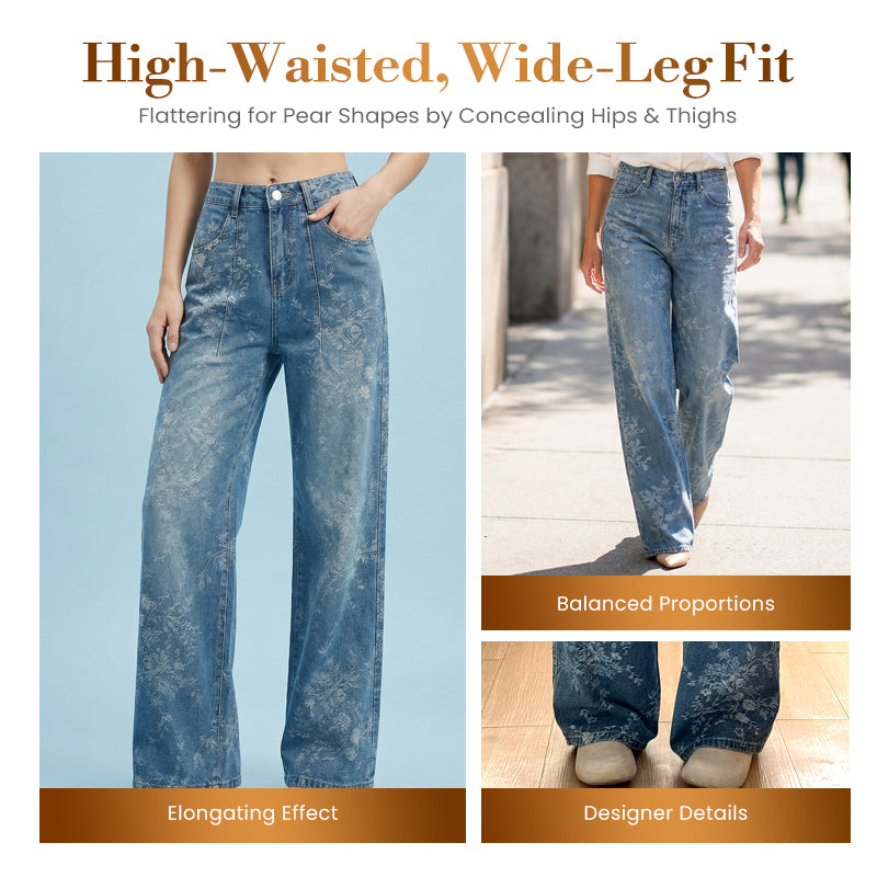 Pantalon en jean à jambes larges et motif jacquard floral pour femm