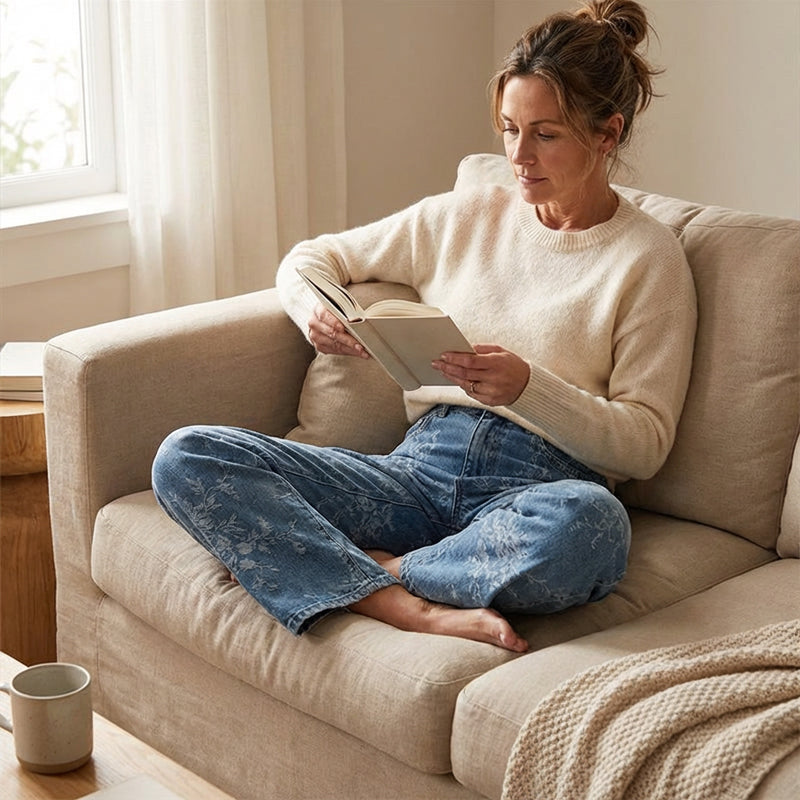 Pantalon en jean à jambes larges et motif jacquard floral pour femm
