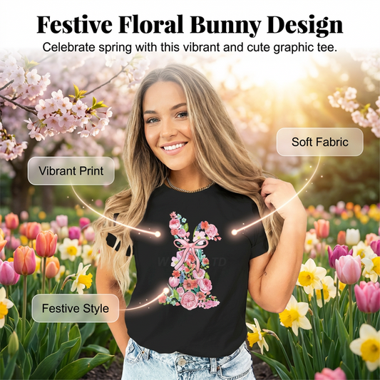T-shirt pour femme avec motif floral de Pâques et lapin