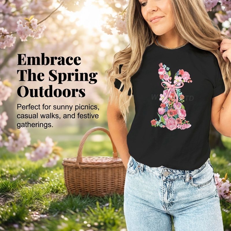 T-shirt pour femme avec motif floral de Pâques et lapin