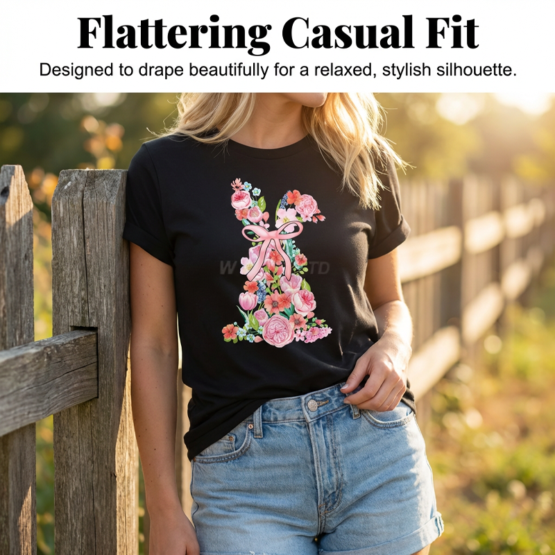 T-shirt pour femme avec motif floral de Pâques et lapin