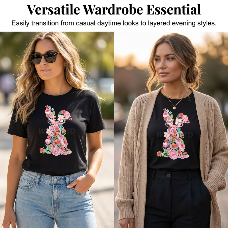 T-shirt pour femme avec motif floral de Pâques et lapin