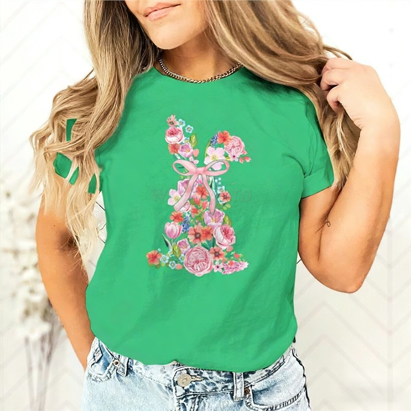 T-shirt pour femme avec motif floral de Pâques et lapin