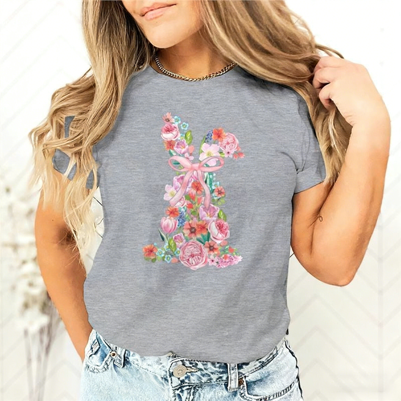 T-shirt pour femme avec motif floral de Pâques et lapin