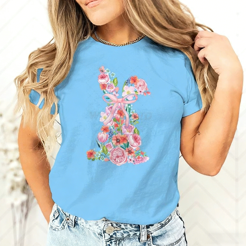 T-shirt pour femme avec motif floral de Pâques et lapin