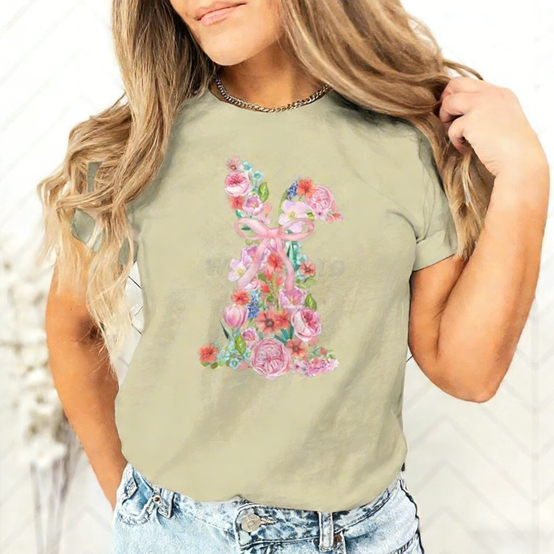 T-shirt pour femme avec motif floral de Pâques et lapin