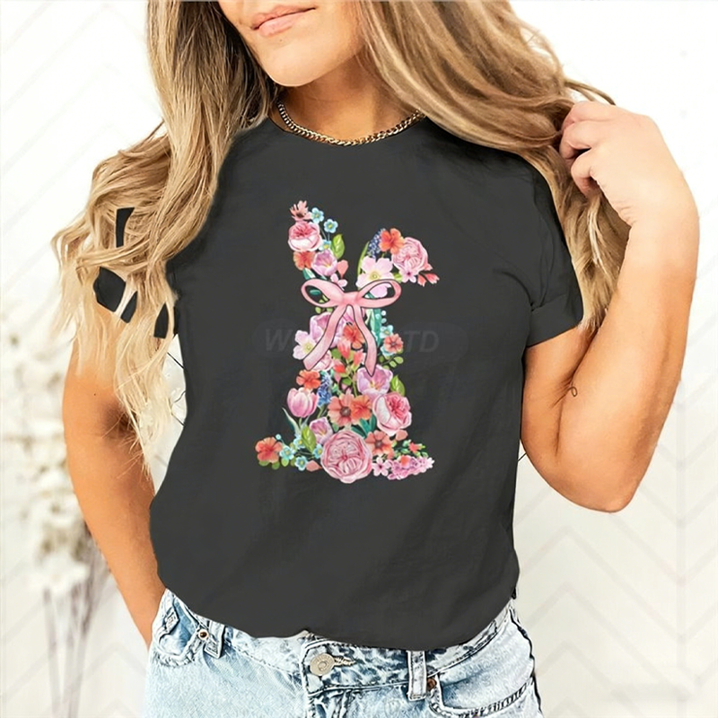T-shirt pour femme avec motif floral de Pâques et lapin