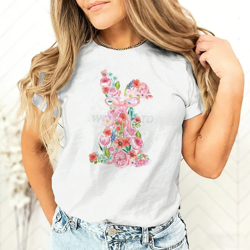 T-shirt pour femme avec motif floral de Pâques et lapin