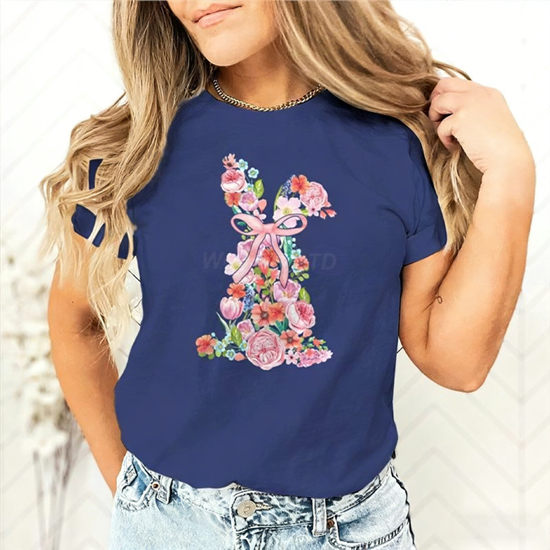 T-shirt pour femme avec motif floral de Pâques et lapin
