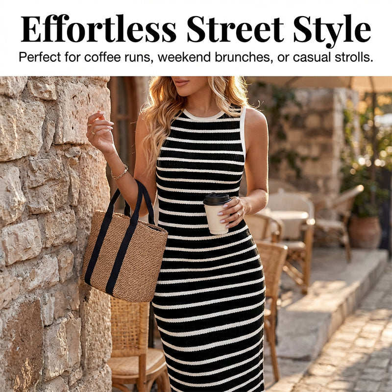 Robe sans manches en maille côtelée à rayures