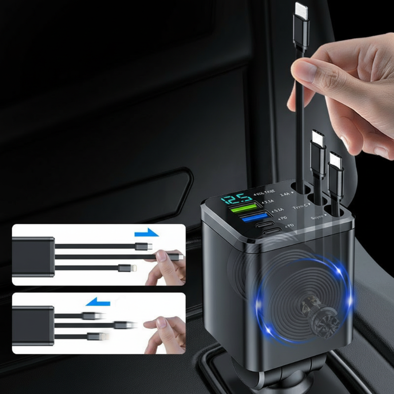 Chargeur de voiture 7-en-1 rétractable à charge rapide avec affichage de la tension