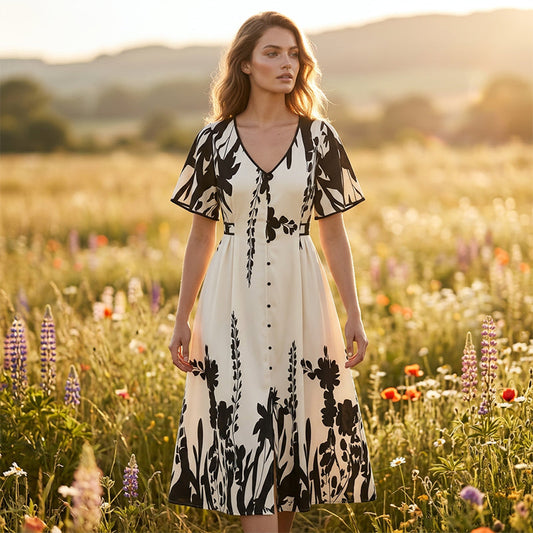 👗 57% de réduction✨Robe midi élégante à col en V et imprimé botanique🍂