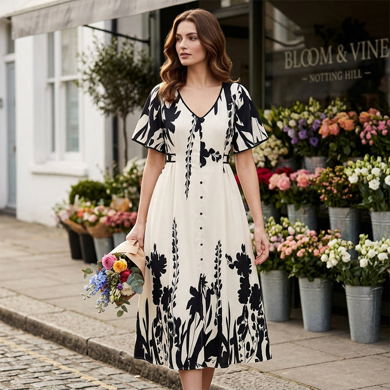 👗 57% de réduction✨Robe midi élégante à col en V et imprimé botanique🍂