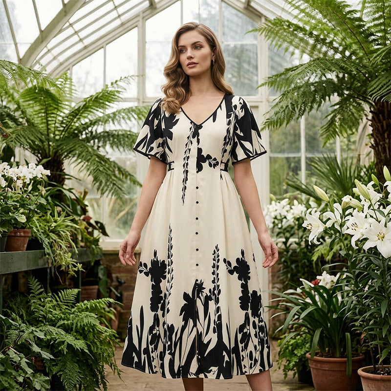 👗 57% de réduction✨Robe midi élégante à col en V et imprimé botanique🍂