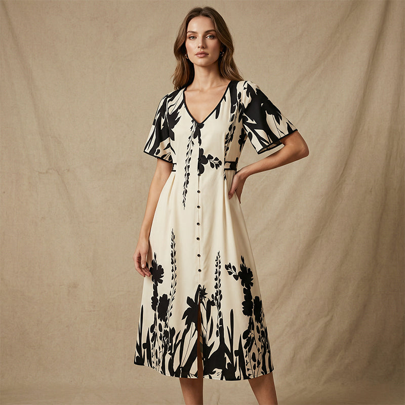 👗 57% de réduction✨Robe midi élégante à col en V et imprimé botanique🍂