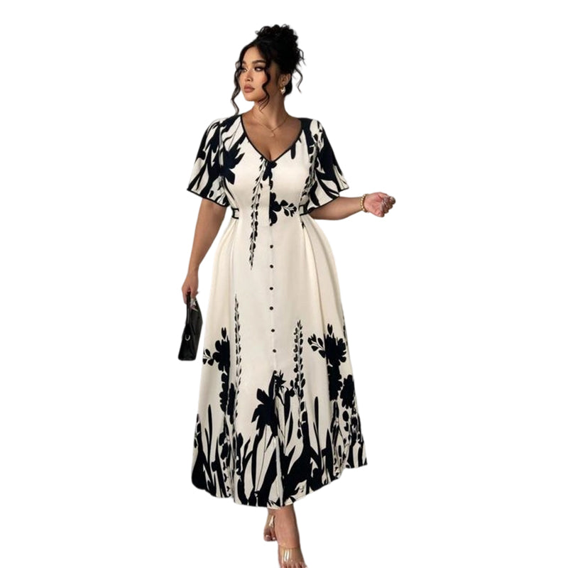 👗 57% de réduction✨Robe midi élégante à col en V et imprimé botanique🍂
