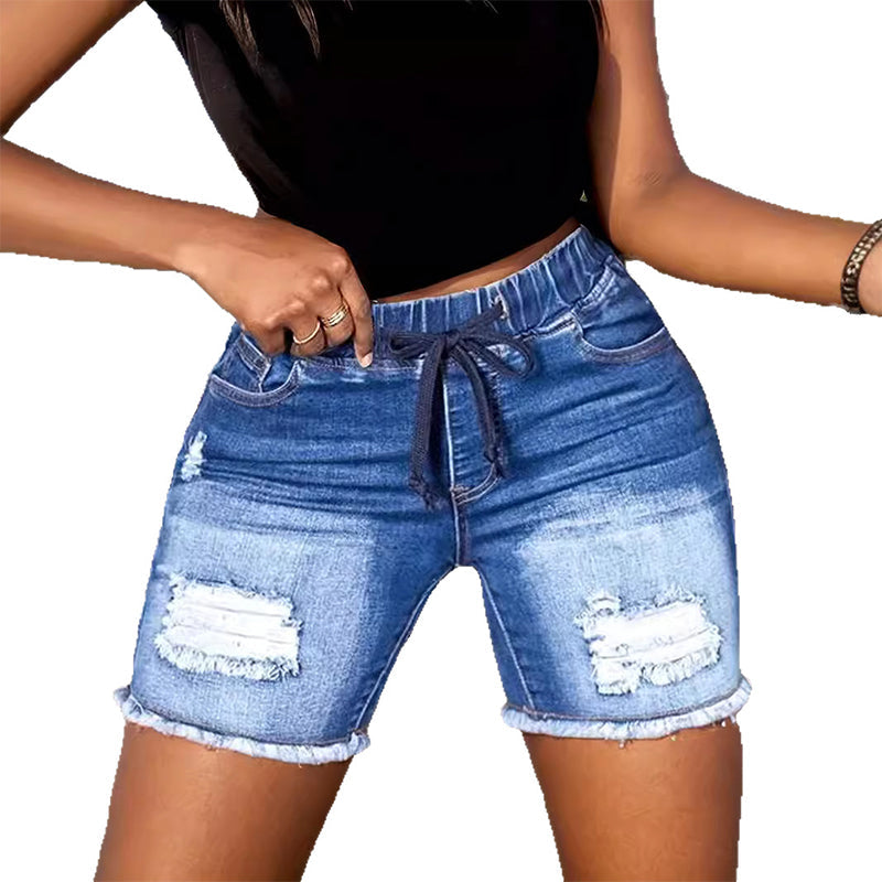 Short en jean déchiré pour femme, à taille élastiquée et cordon de serrage