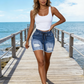 Short en jean déchiré pour femme, à taille élastiquée et cordon de serrage