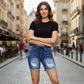 Short en jean déchiré pour femme, à taille élastiquée et cordon de serrage