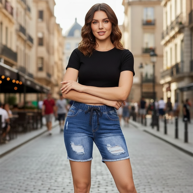 Short en jean déchiré pour femme, à taille élastiquée et cordon de serrage