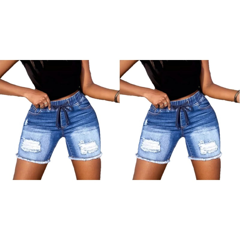 Short en jean déchiré pour femme, à taille élastiquée et cordon de serrage