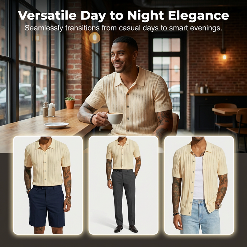 Chemise à manches courtes en maille pour homme, avec boutons