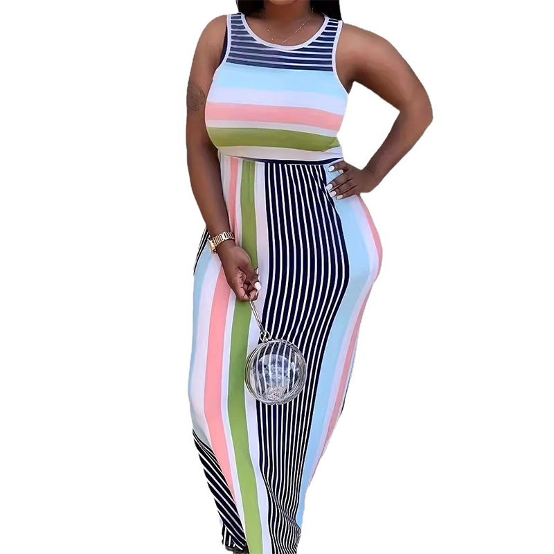 Robe Longue Moulante à Rayures Sans Manches pour Femme