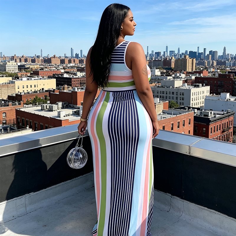 Robe Longue Moulante à Rayures Sans Manches pour Femme