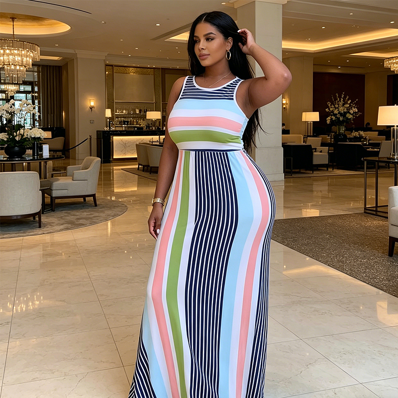 Robe Longue Moulante à Rayures Sans Manches pour Femme