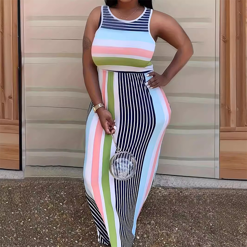 Robe Longue Moulante à Rayures Sans Manches pour Femme