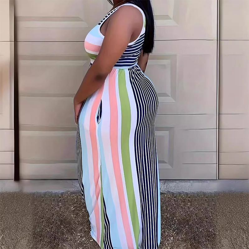 Robe Longue Moulante à Rayures Sans Manches pour Femme