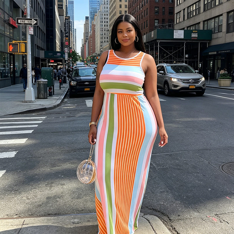 Robe Longue Moulante à Rayures Sans Manches pour Femme