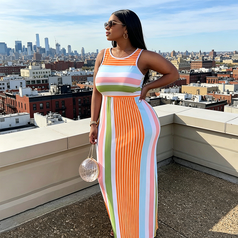 Robe Longue Moulante à Rayures Sans Manches pour Femme